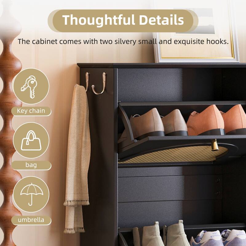 Mid-Century Narrow Tipping Bucket Shoe Cabinet with 4 Flip Drawers and Rattan Doors - 42.1" W × 8.3" D × 35.4" H