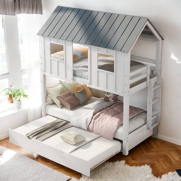 slide 2 of 16, Twin over Twin Bunk Bed with Trundle, Roof and Windows, White White