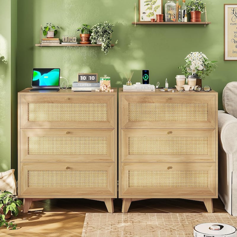 Rattan Nightstand for Bedroom Charging Station USB Ports LED Lights