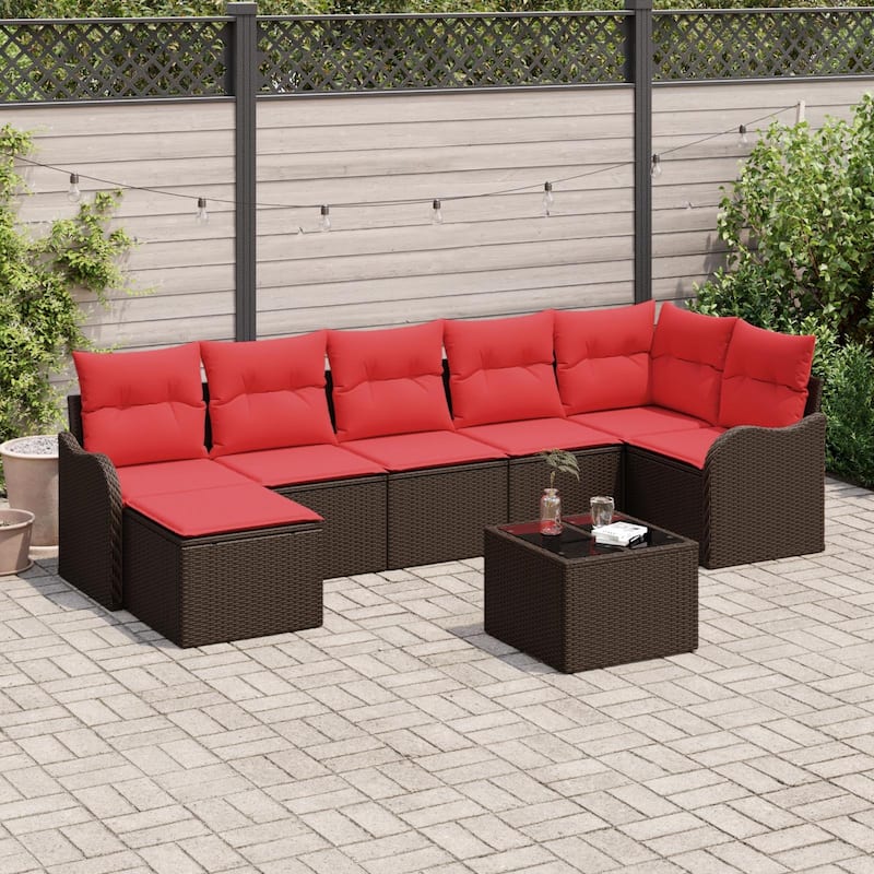 vidaXL 7/8 Garden Sofa Set with Cushions Black/Brown/Grey Wicker - 113.2 x 48.2 x 27.2 - Brown with table