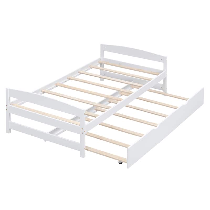 Solid Pine Twin Platform Bed with Trundle Bed, Twin Size Wooden Platform Bed Frame with Headboard and Footboard