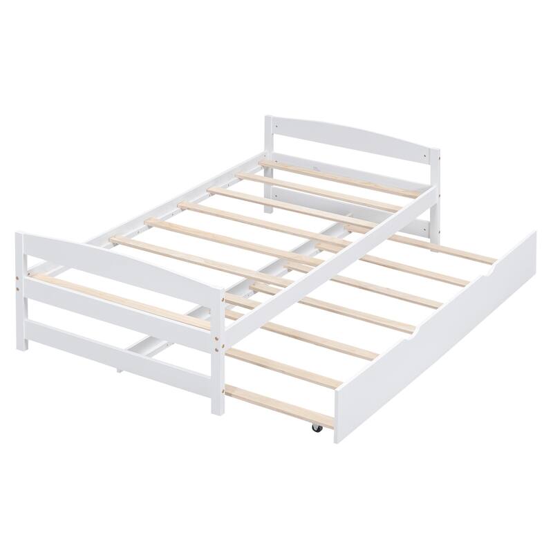 Space-Saving Twin Platform Bed with Pull-Out Trundle, Pine Wood and MDF Frame, No Box Spring Needed, Ideal for Kids' Rooms
