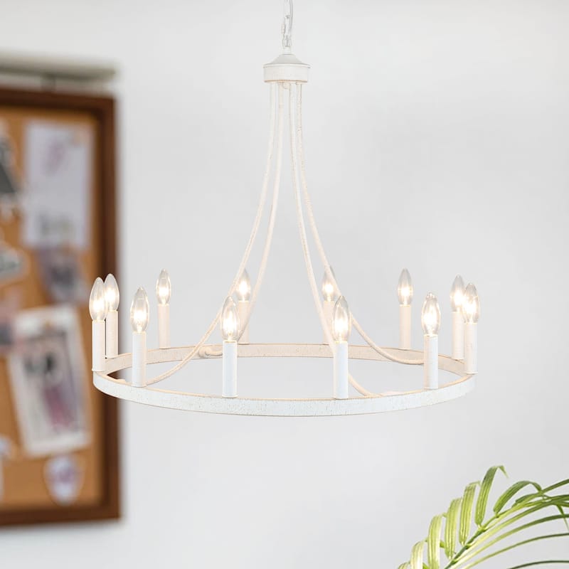 12-light Rustic Farmhouse Wagon Wheel Chandelier Candle Dining Room Lighting - N/A - Retro White