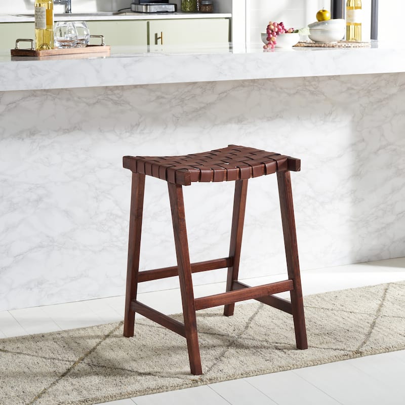 SAFAVIEH Didy 27-inch Woven Leather Rectangle Counter Stool - 19" W x 19" D x 27" H - 19Wx19Dx27H - Cognac/Walnut