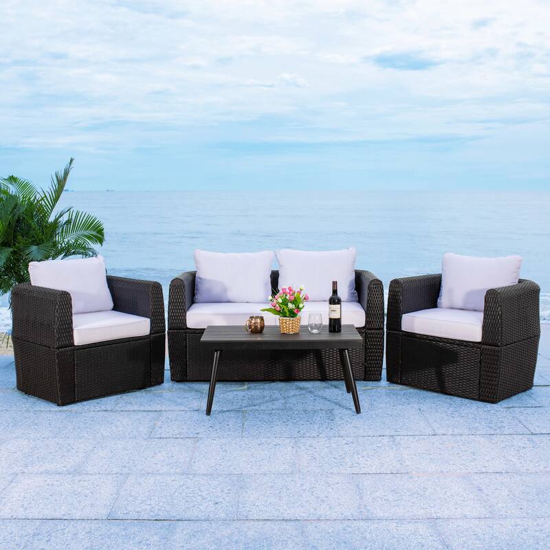 SAFAVIEH Outdoor Living Tarien Wicker 4-Piece Living Patio Set - 48"W x 25"D x 28"H - Black/White Cushion