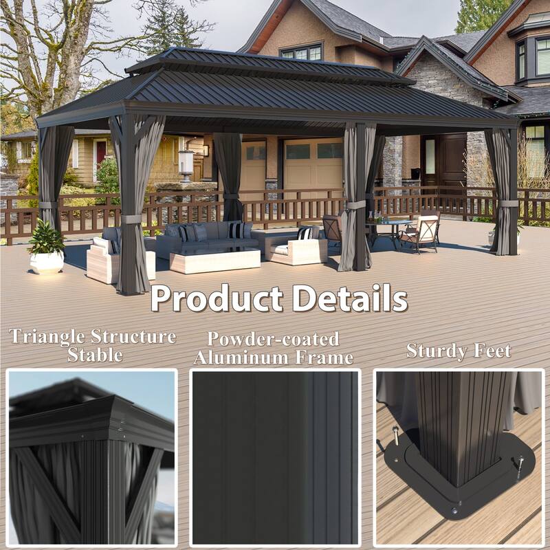 VEIKOUS Aluminum Double Hardtop Gazebo Pergola for Patio, Lawn, and Garden with Removable Curtains and Netting