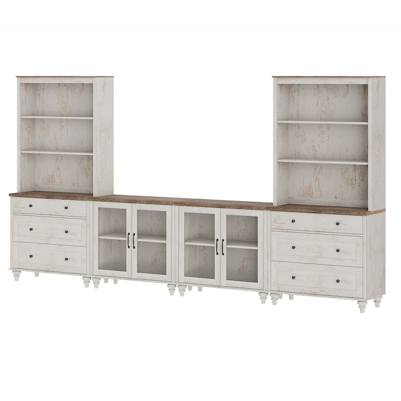 Rustic White Farmhouse TV Stand with Wooden Doors & Drawers