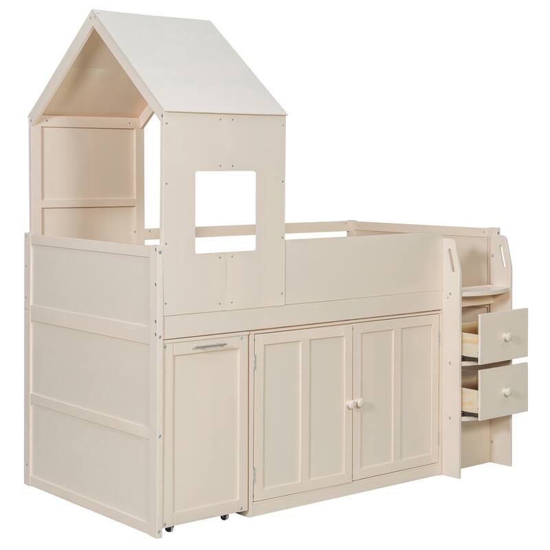 Twin Wood Loft Bed with Desk, Drawers & Cabinets, Space-Saving Design