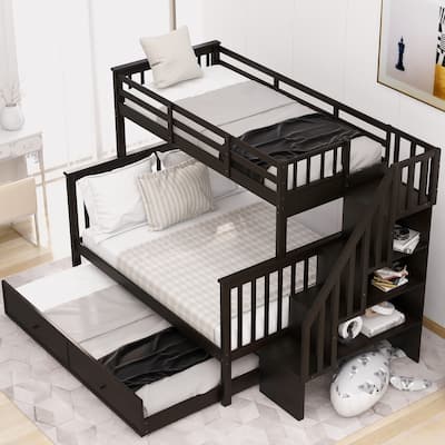 Stairway Twin Over Full Bunk Bed with Twin size Trundle and Guard Rail