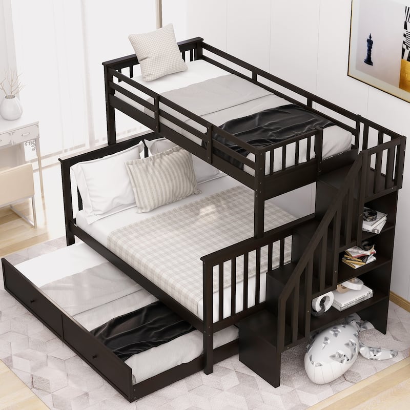 Twin-Over-Full Bunk Bed with Storage Stairway and Twin Trundle, Solid Pinewood Bunk Bed Frame, Divided Into 2 Individual Beds - Espresso - Full