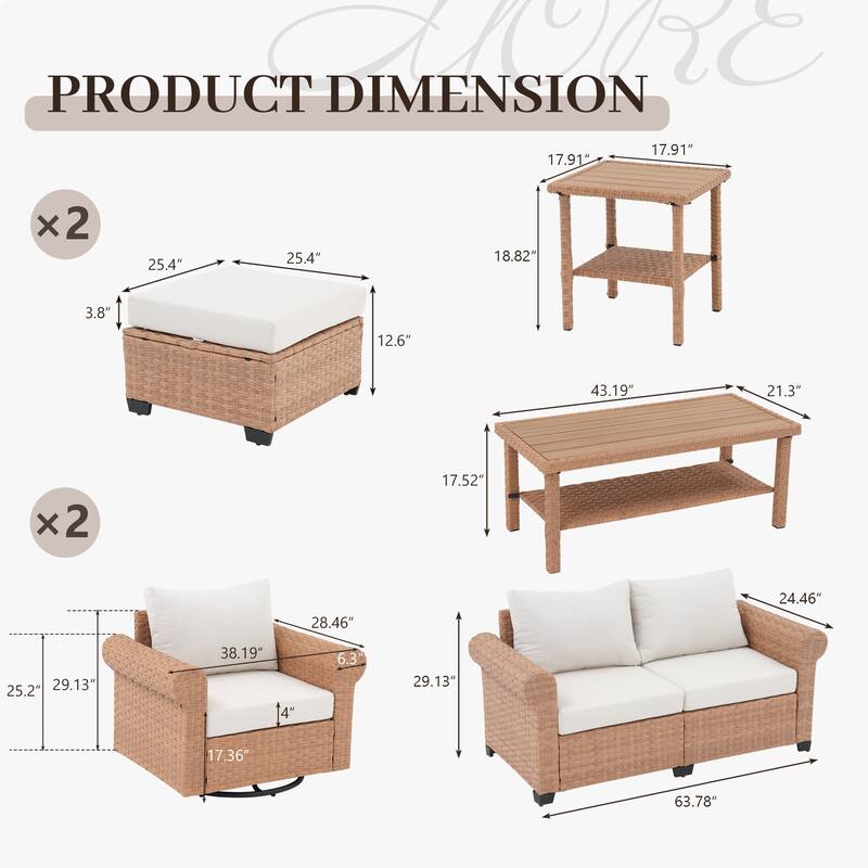 Outdoor 7-Piece Pe Rattan Garden Patio Sofa Set with Swivel Chair