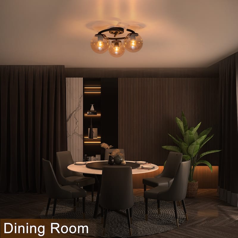 3 Light Matte Black Flush Mount Lighting Industrial with Amber Glass Globes - Dia.16.93-in