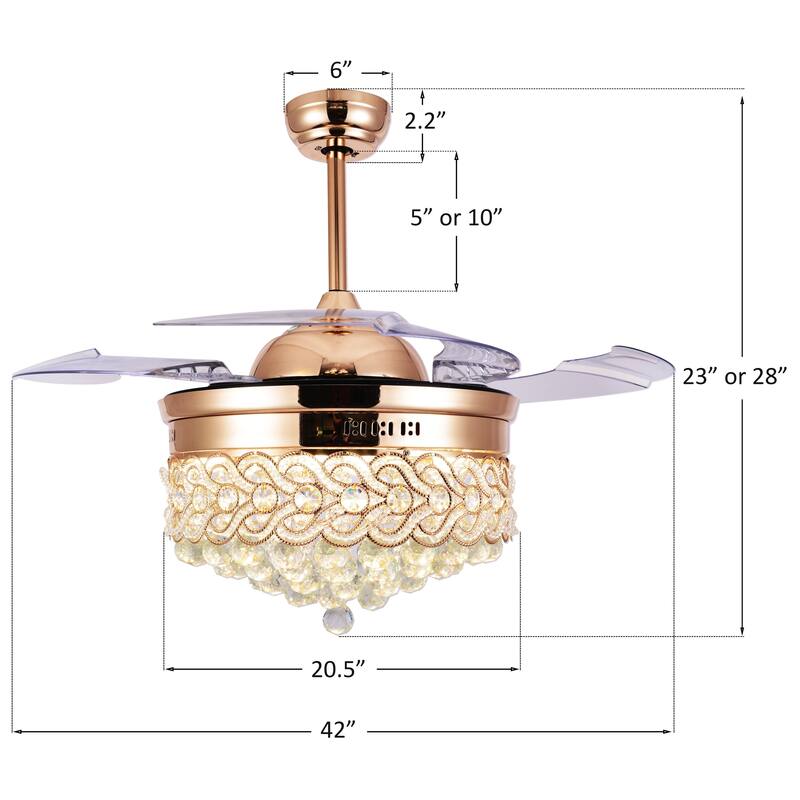 CurveCurio 42" Crystal Retractable Ceiling Fan Chandelier with 3-Color-Tone LED light Kit w Remote Control for Bedroom
