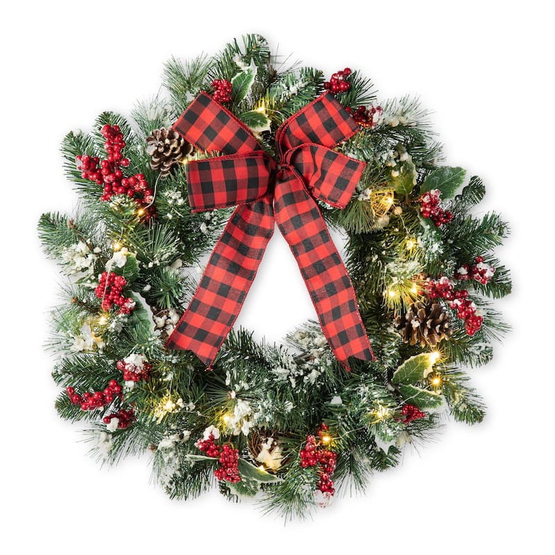Glitzhome 24"D Snow Berry Twig Ball Pinecone Holly Pine Wreath with Lights & Timer