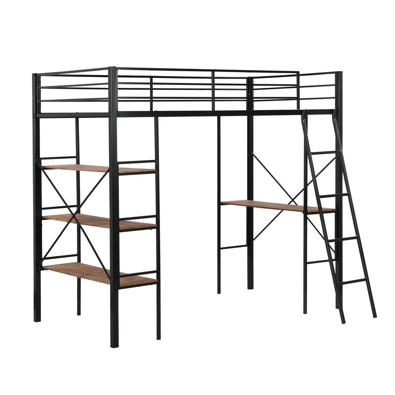 Roomfitters Twin Metal Loft Bed with Integrated Desk, Wall Shelf and Elevated Frame Design, Black