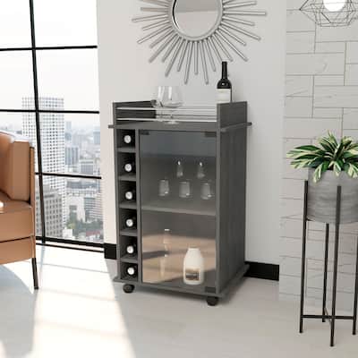 FM Furniture Vegas Retro Modern Two-Tier Bar Cart with Glass Door and Six Liquor Cubbies