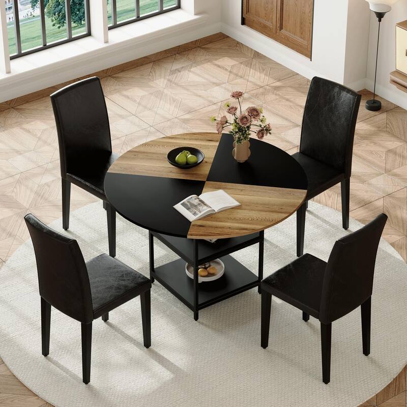 47.3-inch Round Dining Table Set with Double-Layer Storage, PU Chairs, Wood and Black Fan Panels, Non-Slip Mats - Black,Wood