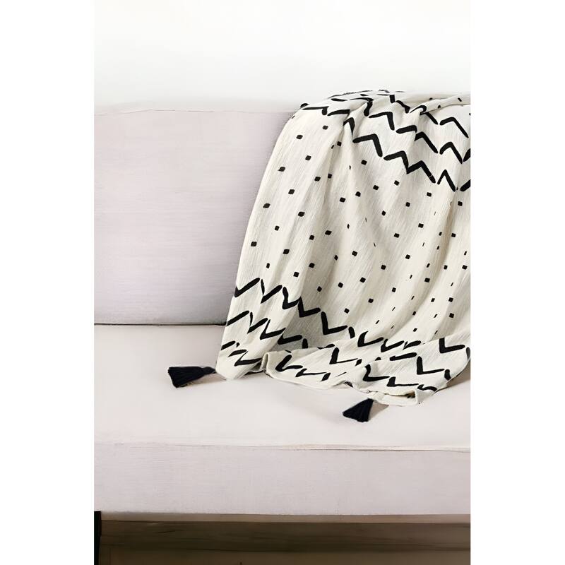 50" X 60" Black and White Woven Cotton Chevron Throw Blanket with Tassels - Throw