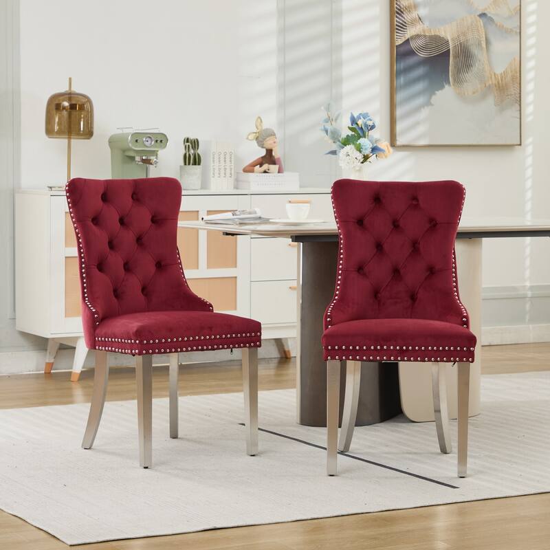 Modern Tufted Velvet Dining Chair with Chrome Stainless Steel Plating Legs and Nailhead Trim, for Dining Room, Light Blue - Red