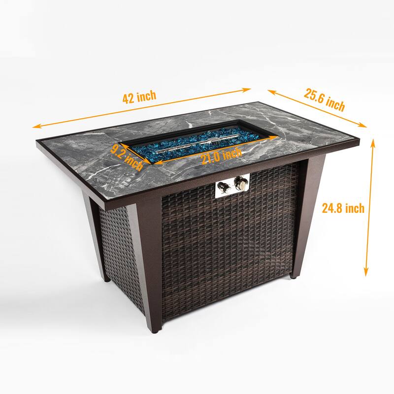 GDFStudio - Callahan 42" Steel Outdoor Fire Pit Table with Marble Tile Top, Glass Wind Guard & 50,000 BTU Flame