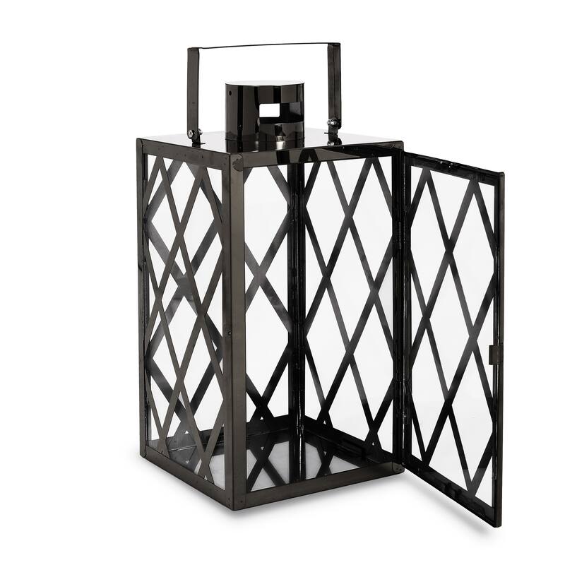 Dove 14 Inch Lantern, Lattice Black Stainless Steel, Tempered Glass
