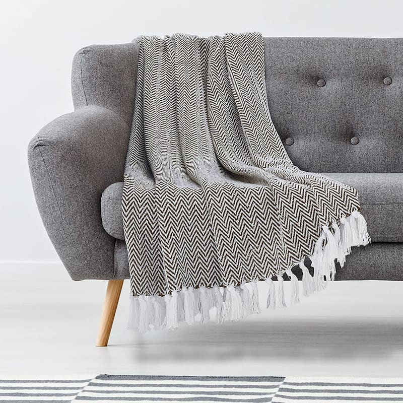 Handwoven Herringbone Cotton Throw Blankets - Rustic Ottoman Throw - Chair Throw Blanket with Fringe- 50"x60" - Burgundy