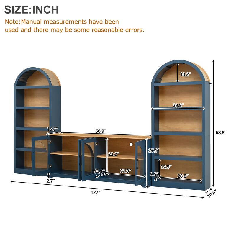 3-Piece TV Stand Set with Bookshelf for TVs Up to 70", Wood Grain Entertainment Center with Arched Design, Tempered Glass Doors