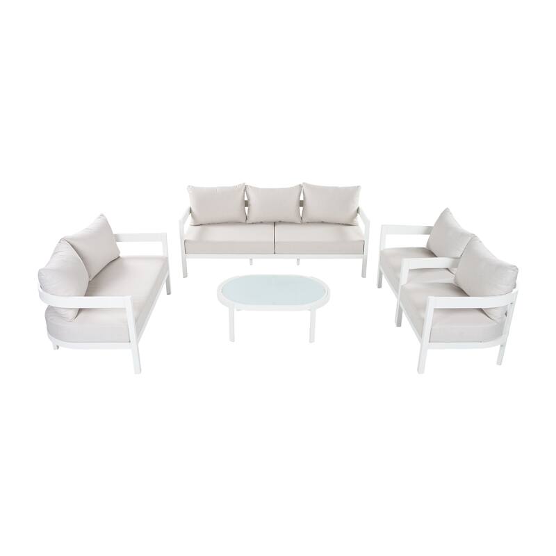 Christopher Knight Home - Modern 5-Piece Outdoor Aluminum Patio Conversation Set with Oval Glass Coffee Table & Cushions