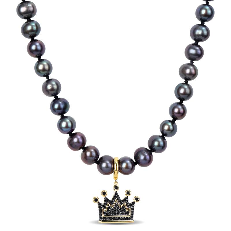 Miadora Mens 7mm Black Cultured Freshwater Pearl and Black Diamond Crown Necklace Yellow Silver