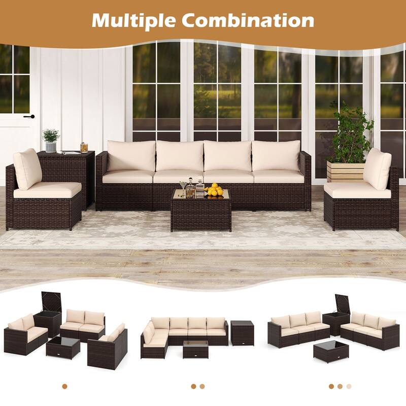 8 PCS Wicker Patio Furniture Set Rattan Sofa Set w/ Storage Box