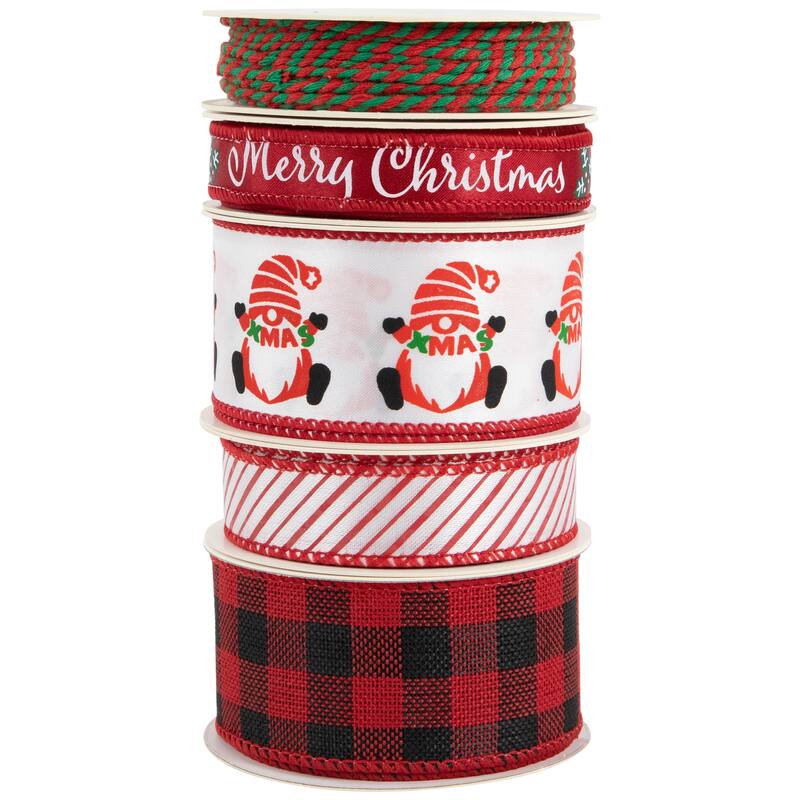 Set of 5 Santa Gnome Matching Themed Craft Christmas Ribbons 1.5" x 3 Yards