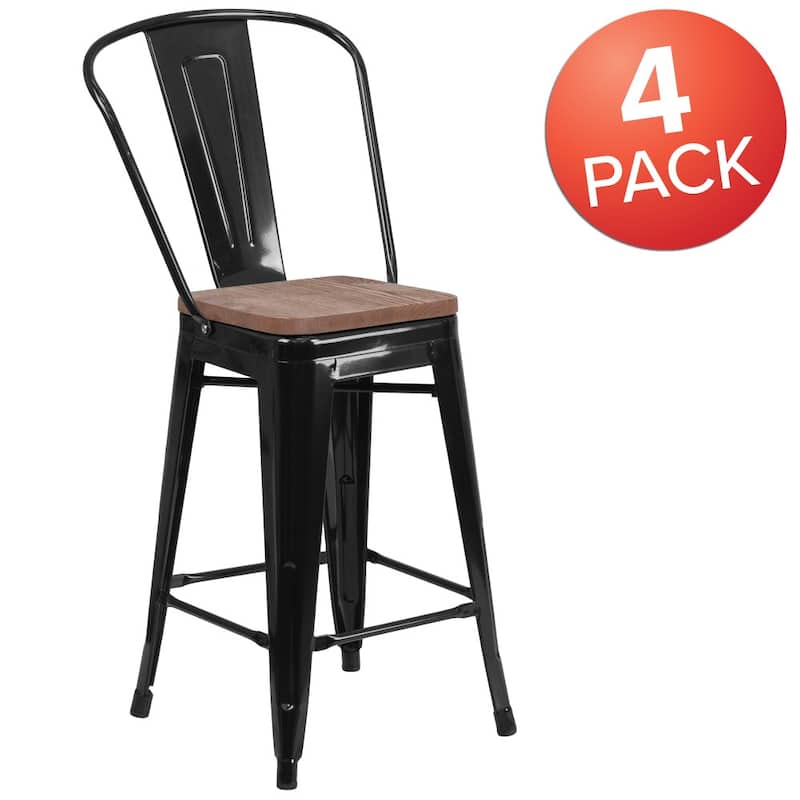 4 Pack 24" High Metal Counter Height Stool with Back and Wood Seat - 17.75"W x 20"D x 39.25"H