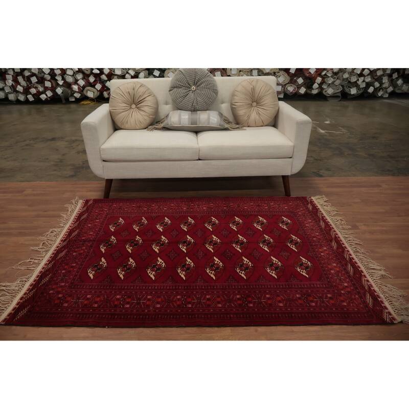 Hand Knotted Oriental 100% Wool Carpet Traditional Geometric Red Bokhara Area Rug - 5' 11'' X 4' 4''