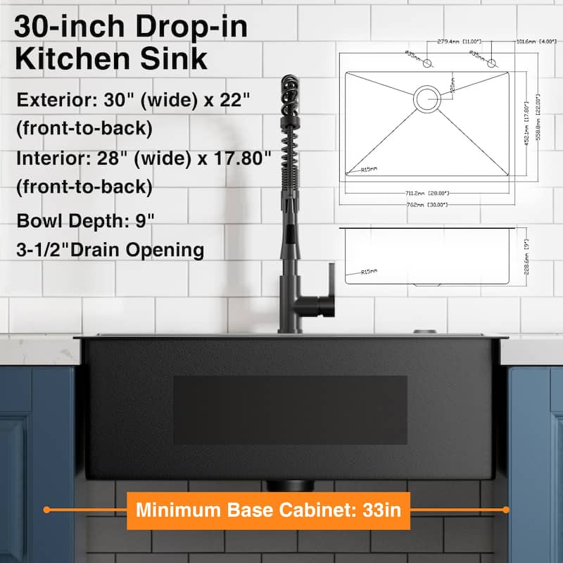 30 inch Drop-in Single Bowl Kitchen Sink, 18 Gauge Black Stainless Steel Kitchen Sink, Handmade Topmount Sink