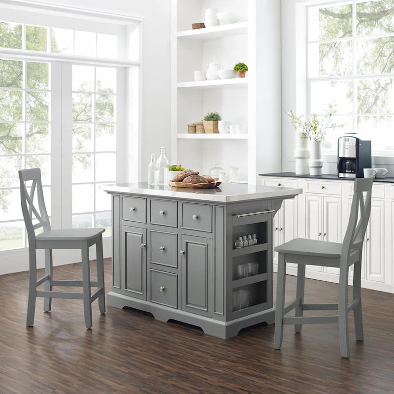 Crosley Julia Stainless Steel Top Island W/X-Back Stools - 50" W x	60" D x	41"H