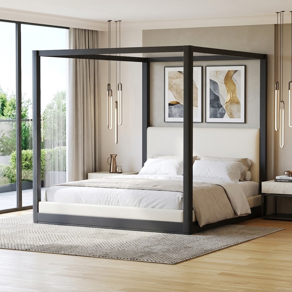 Wood Canopy Platform Bed with White Upholstered Headboard by Harper&Bright Designs