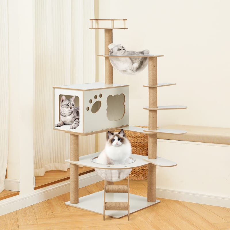 EROMMY Cat Tree – Multi-Level Cat Tower with Sisal Scratching Posts & Swing Ball, Modern Cat Furniture for Indoor Cats - Large - White