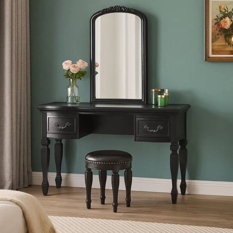 3 Piece Vanity Set with Carved Mirror and Turned Legs, Black