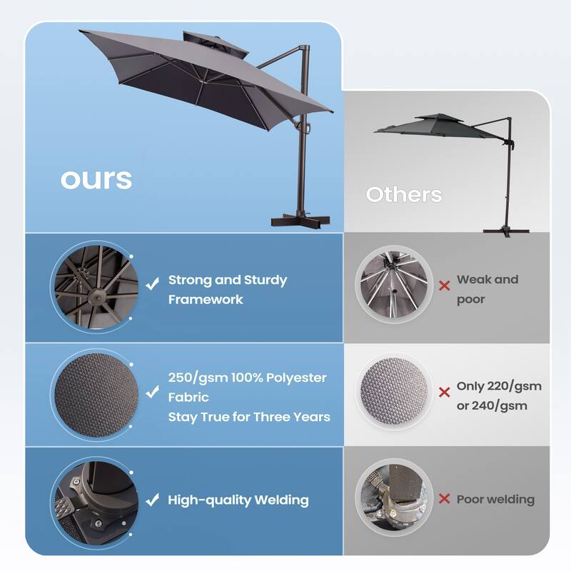 10 x 13 Feet Double Top Rectangular Rotating Patio Offset Cantilever Umbrella with Crank