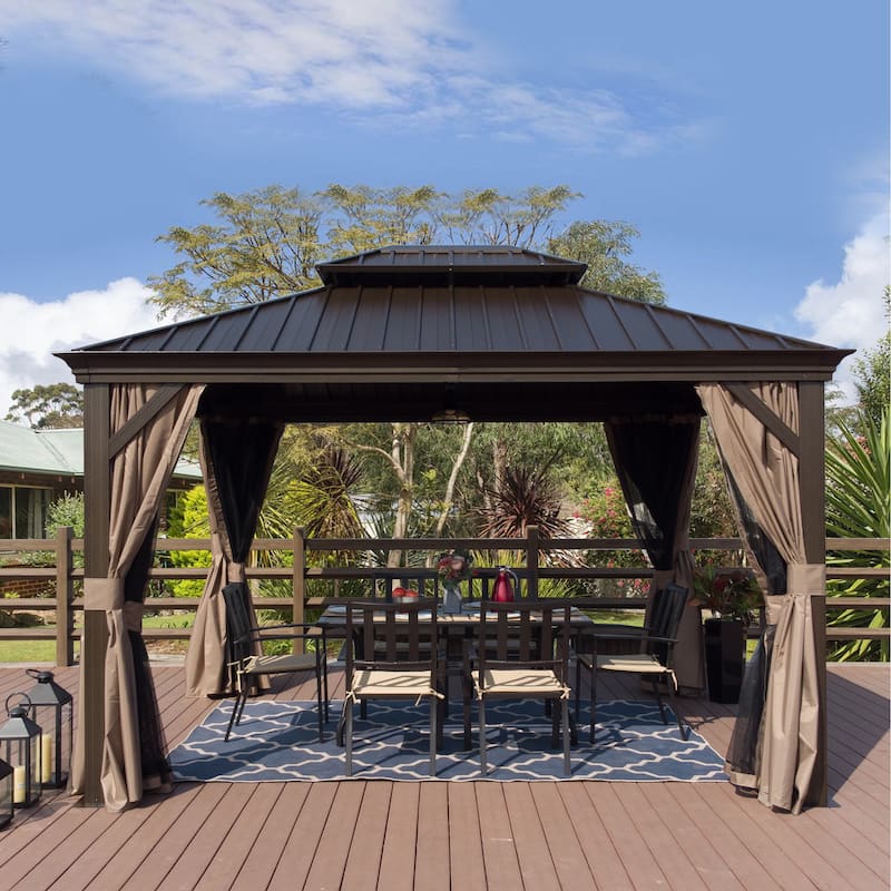 Kozyard Alexander Hardtop Aluminum Gazebo with Mosquito Net and Privacy Curtain