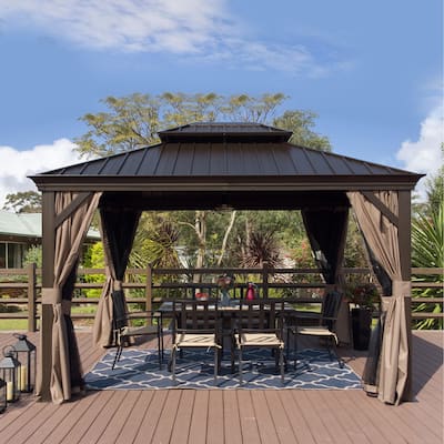 Kozyard Alexander Hardtop Aluminum Gazebo with Mosquito Net and Privacy Curtain