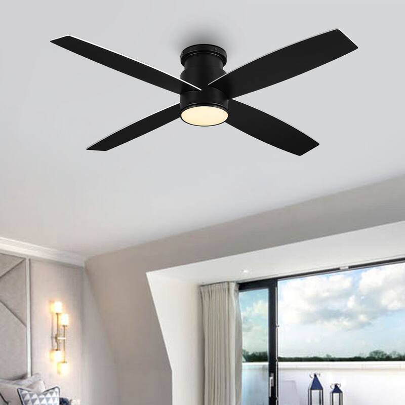 WINGBO 44/52 Inch Flush Mount DC Ceiling Fan with Lights and Remote, 4 Reversible Blades - 52 inch - Black/Nickel
