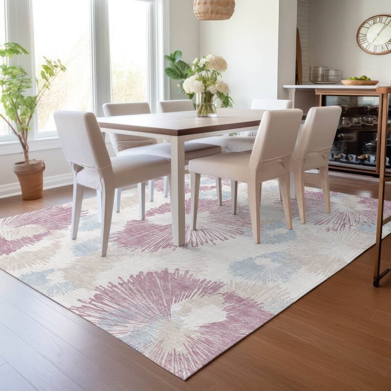 Machine Washable Indoor/Outdoor Modern Floral Chantille Rug