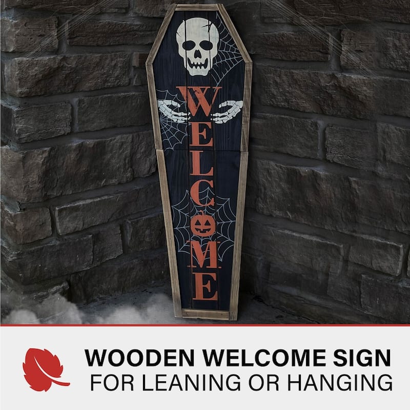 Haunted Hill Farm 33-In. Wood Coffin Welcome Sign with Folding Storage Hinges for Halloween Hanging Decoration