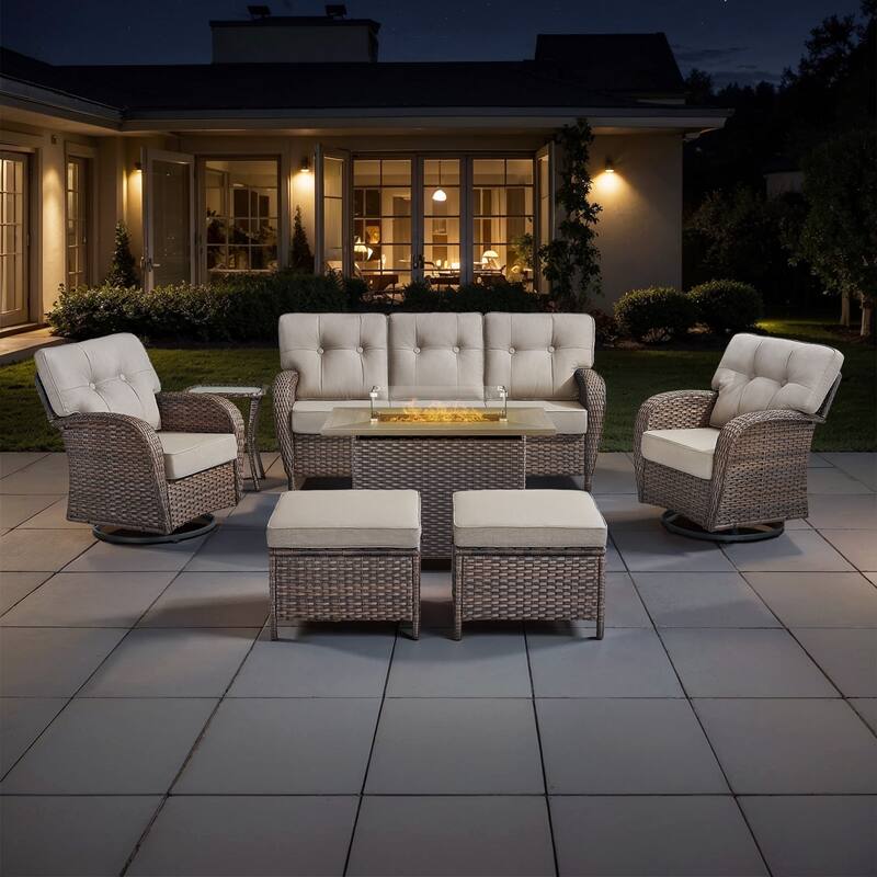 TWrap Wicker Patio Fire Pit Conversation Set with 3-Seat Sofa & Swivel Gliders - Brown/Beige - With 2 Ottomans