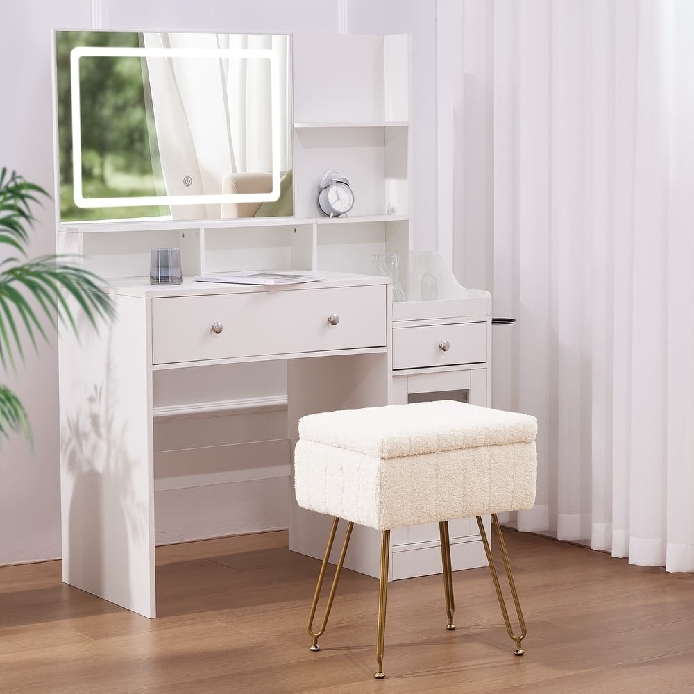Teddy Vanity Stool with Storage, Upholstered Lift-Top Ottoman Seat
