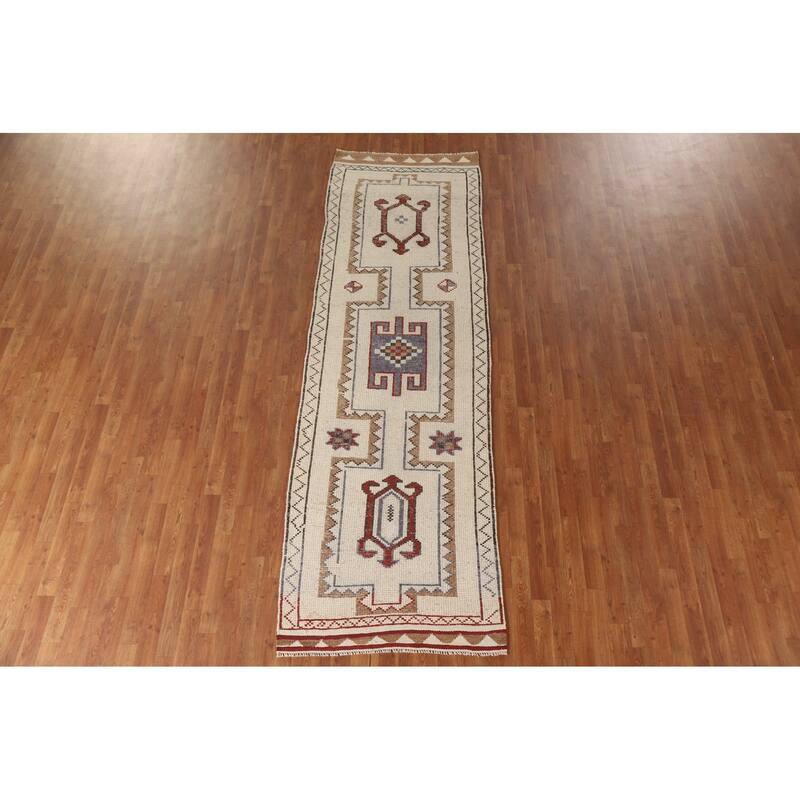 Natural Dye Anatolian Runner Rug Handmade Turkish Beige Wool Carpet - 3'4"x 10'6"