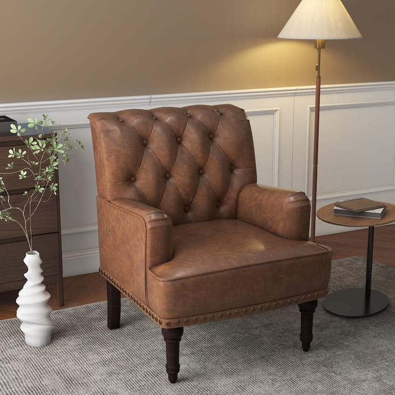 PU Leather Living Room Accent Chair with Tufted Back - Brown