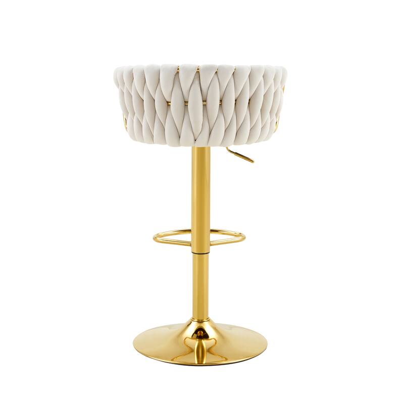 Set of 2 Modern Luxury Velvet Braided Bar Stool with Adjustable Height, Metal Base & Woven Rope Backrest