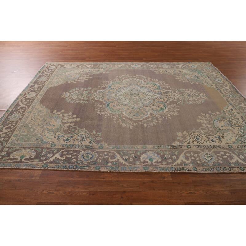 Distressed Tabriz Persian Vintage Area Rug Hand-Knotted Wool Carpet - 6'9"x 9'2"